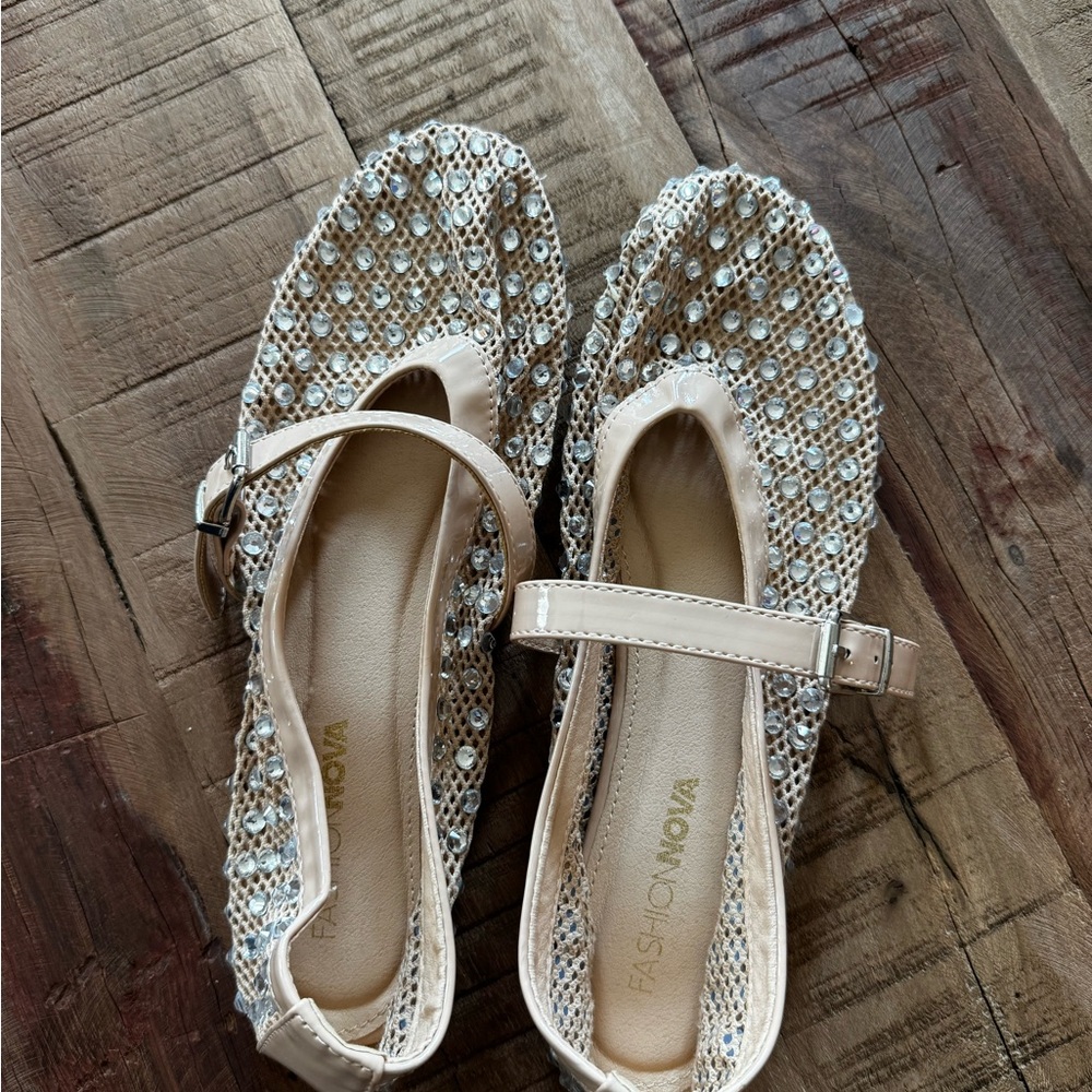 Fashion Nova Tan Woven Flats with Silver Accents